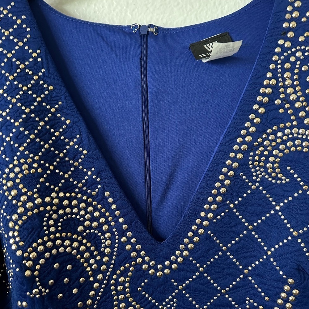 Va Va Voom Royal Blue Beaded Long Sleeve Body Con Medium Mini Dress Brand New - Picture 3 of 9